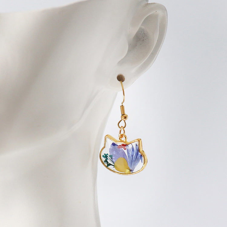 Wholesale New cat head flower earrings color real flower glue French earrings eternal flower jewelry cute gift