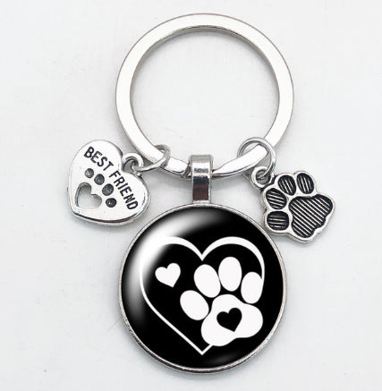 卸売愛猫ペットの足跡犬ガラス凸ラウンド金属キーホルダー