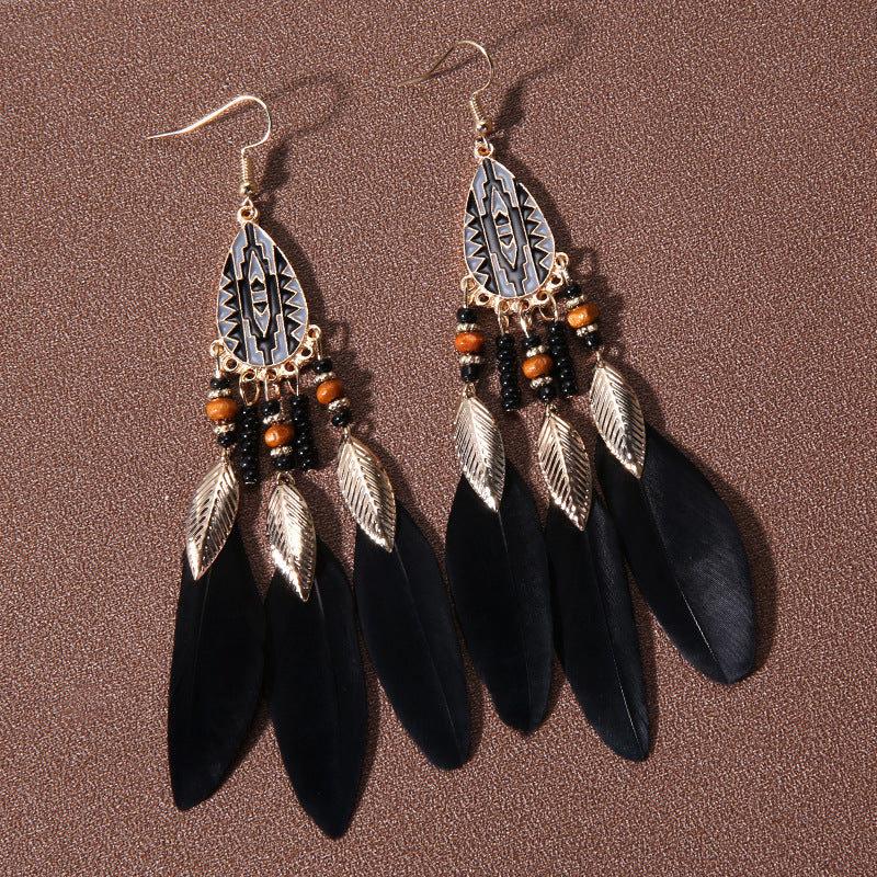 Wholesale Water Drop Tassel Feather Simian Pearl Earrings