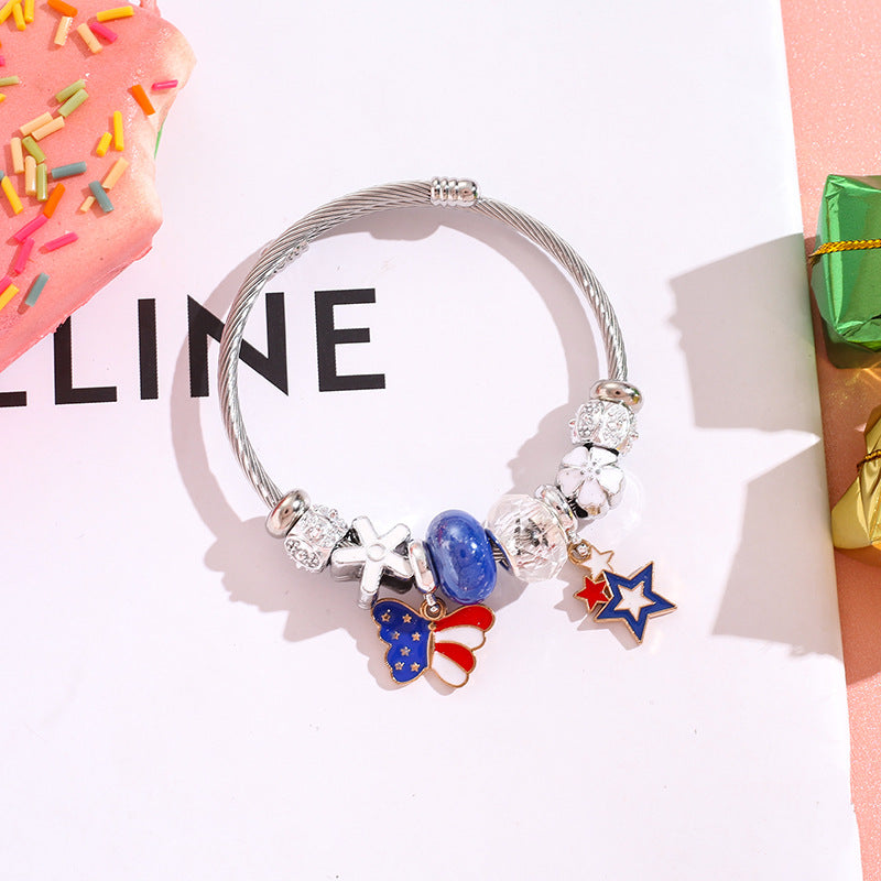 Wholesale American Flag Love Balloon Pendant Stainless Steel Beaded Bracelet