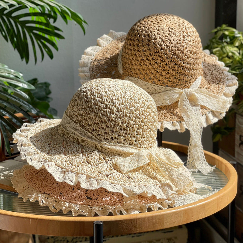 Wholesale Summer Lace Folding Straw Hat Hand-woven Hollow Bow Sun Hat