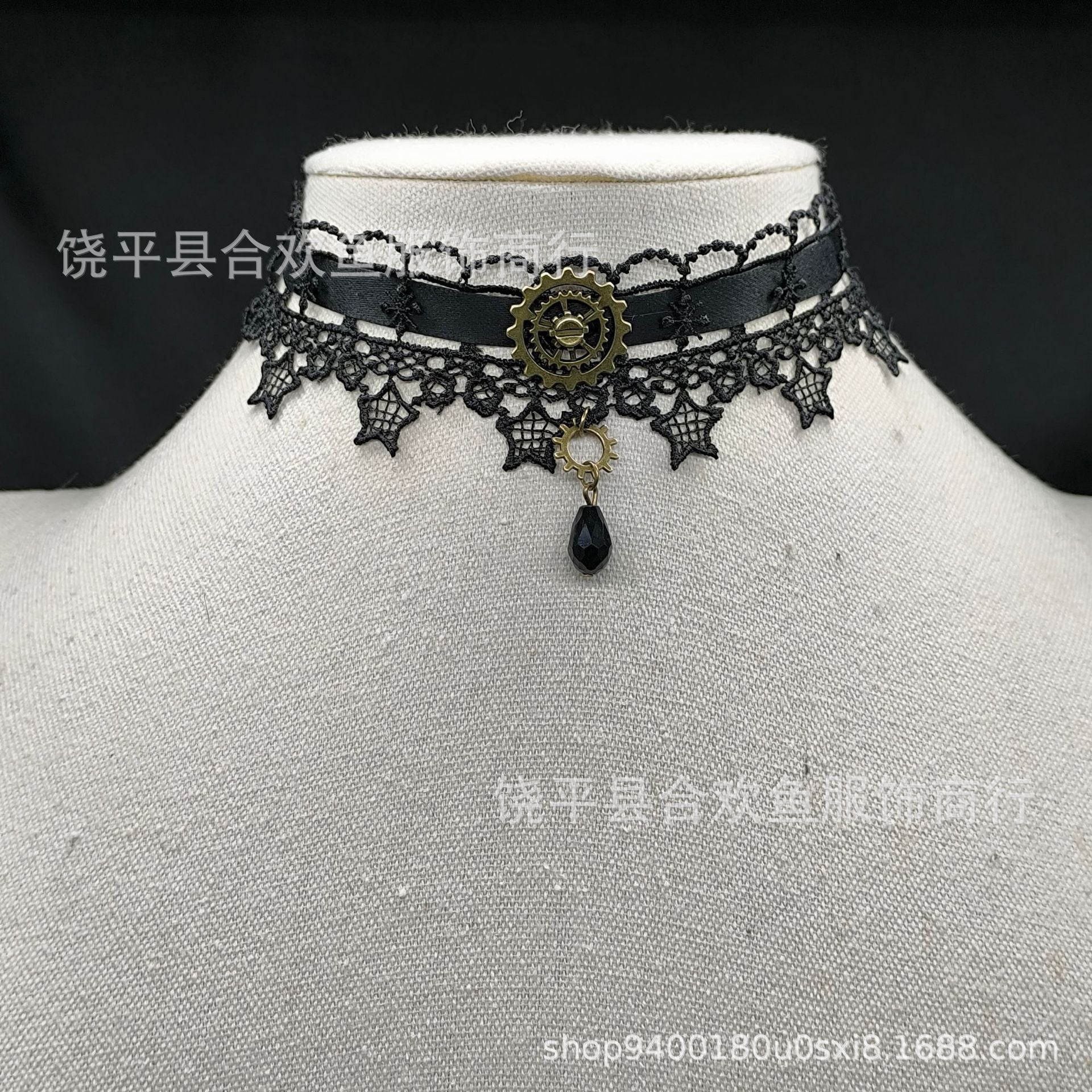 Wholesale Lace punk star dark red ribbon black and white lace necklace