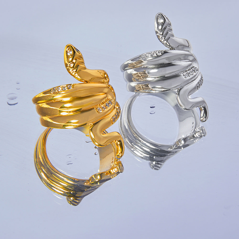 Wholesale Popular Copper Plated Real Gold Diamond Snake Ring for Couple Niche All-match Personalized Ins Opening Light Luxury Ring