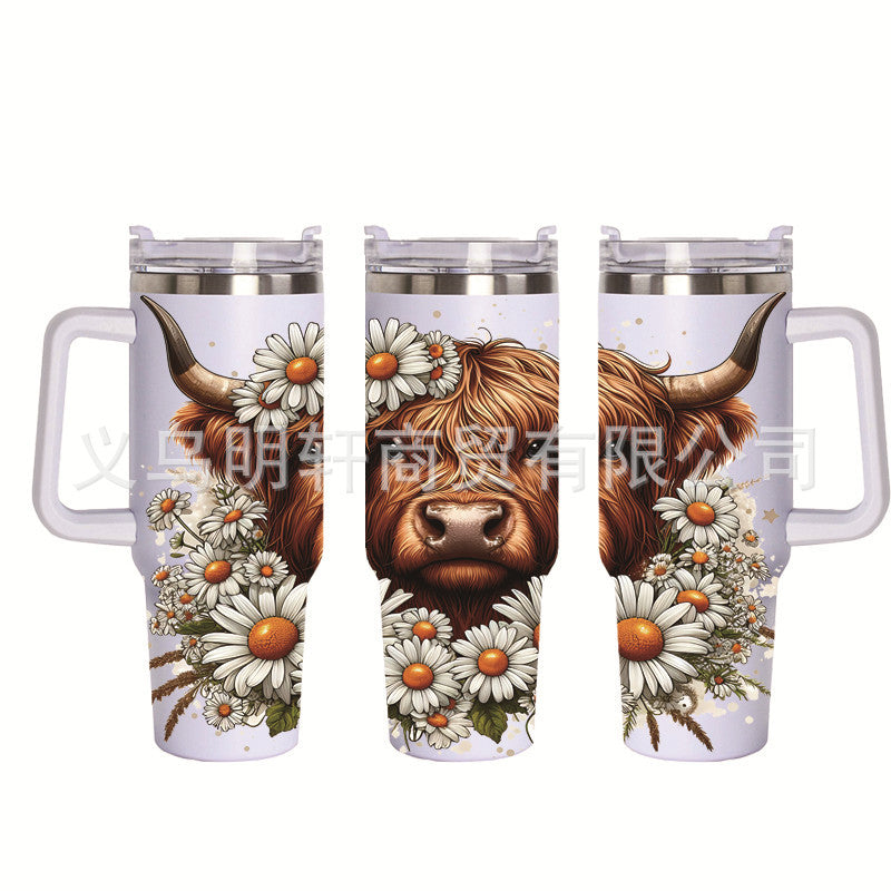 Wholesale Tumbler 40OZ Bull Head 3D Sunflower Car Cup Stainless Steel Straw Tumbler Ice Cup