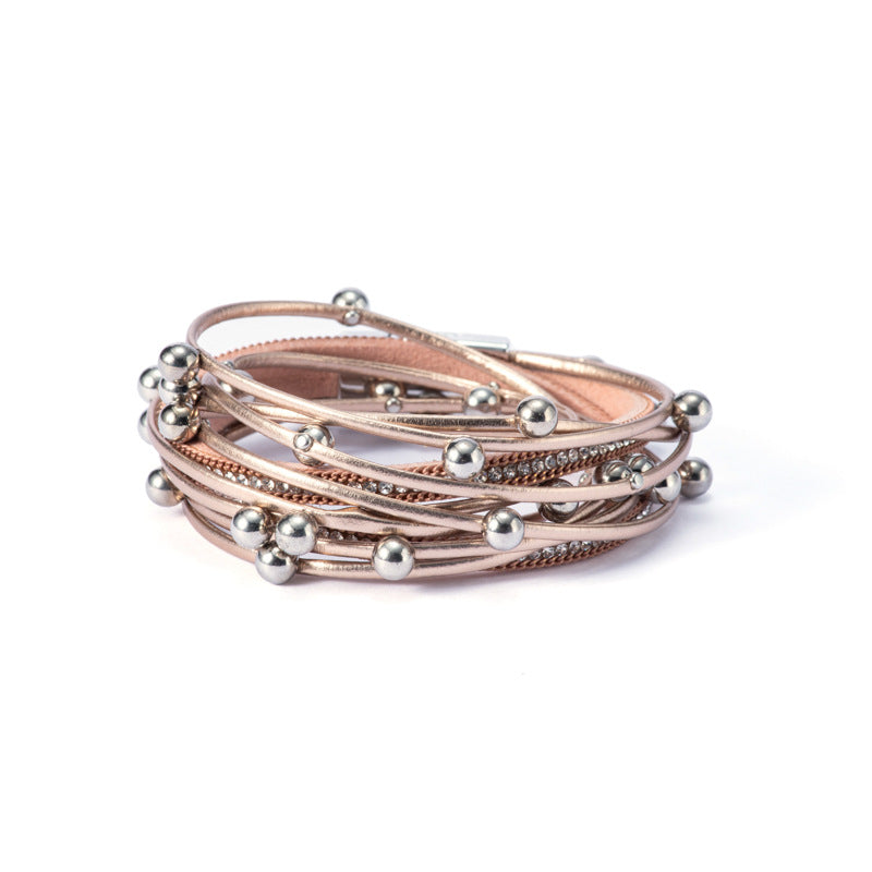 Wholesale  Two-Ring Beaded Leather Bracelet Multi-Layer Leather Bracelet Women' s