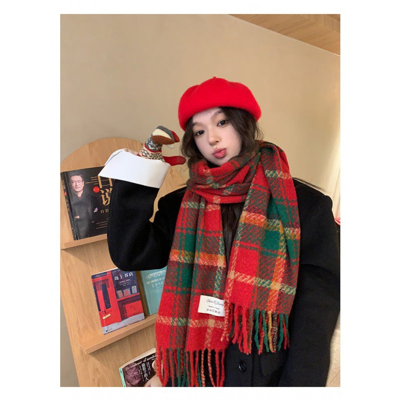 Wholesale Christmas Winter Red Tassel Plaid Imitation Cashmere Scarf