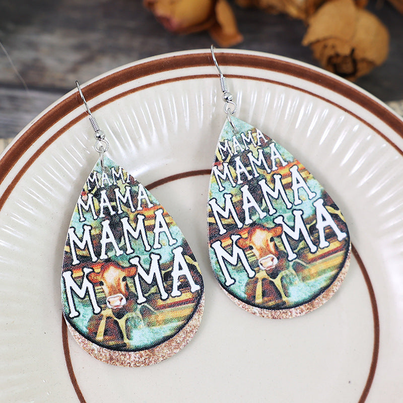 Wholesale leopard Leather earrings Mother' s Day gift cow head pattern