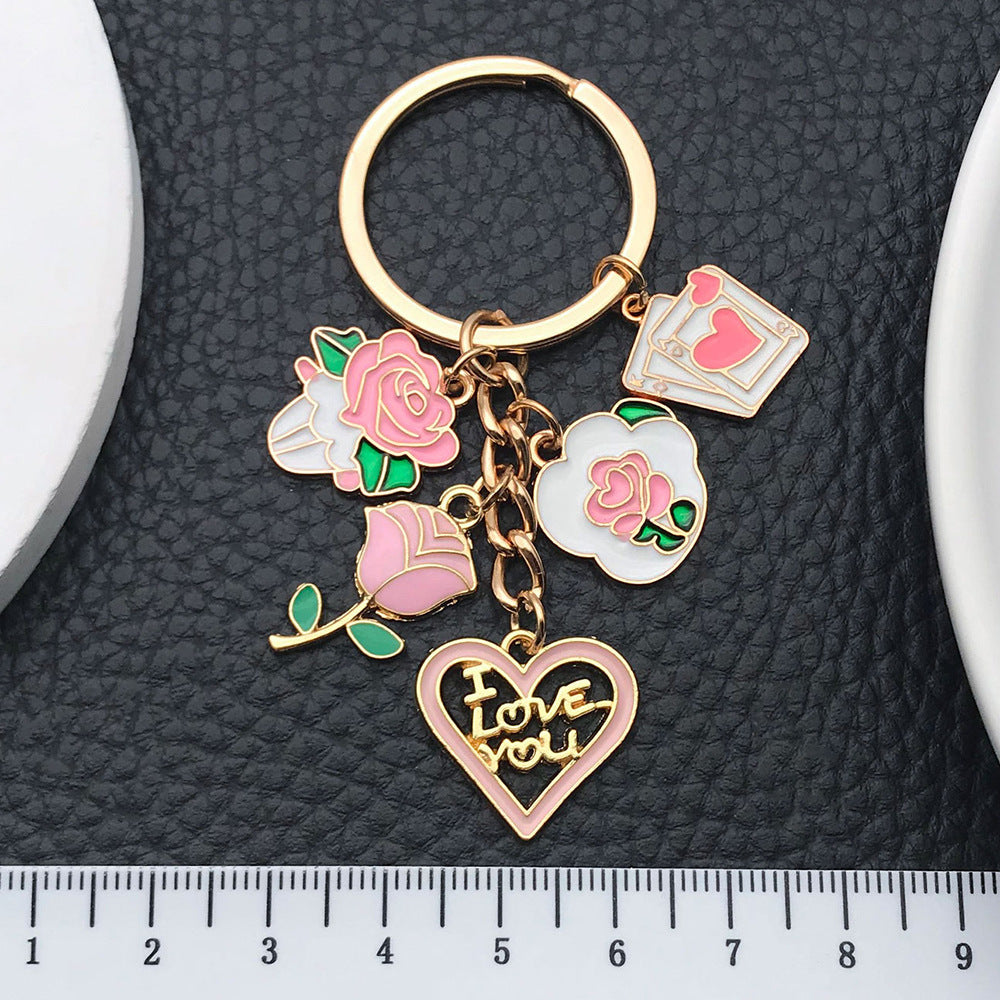 Wholesale White Pink Rose Love Card Metal Keychain
