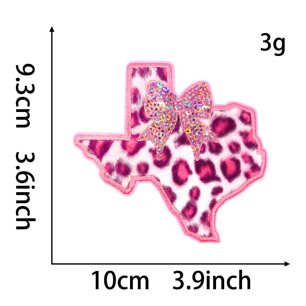 Wholesale Texas Shape Leopard Print Bow Sequin Embroidery Patch Trendy Coat Iron On Applique