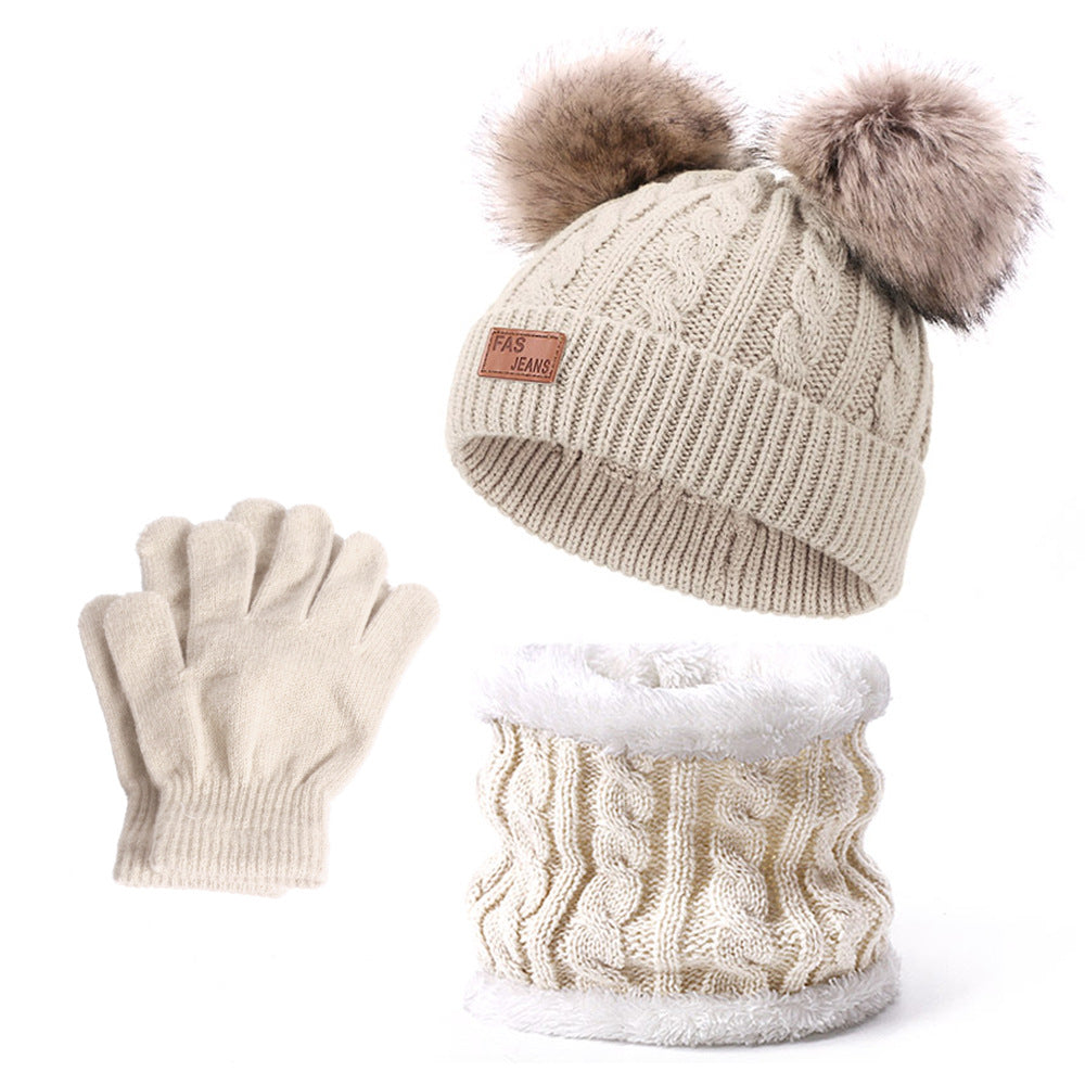 Wholesale Winter Baby Infant Child Warm Plus Velvet Thickened Scarf Pompom Hat Two-piece Set