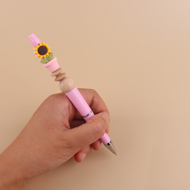 Wholesale Handmade Beadable Cartoon Sunflower Silicone Bead Wooden Bead Ballpoint Pen