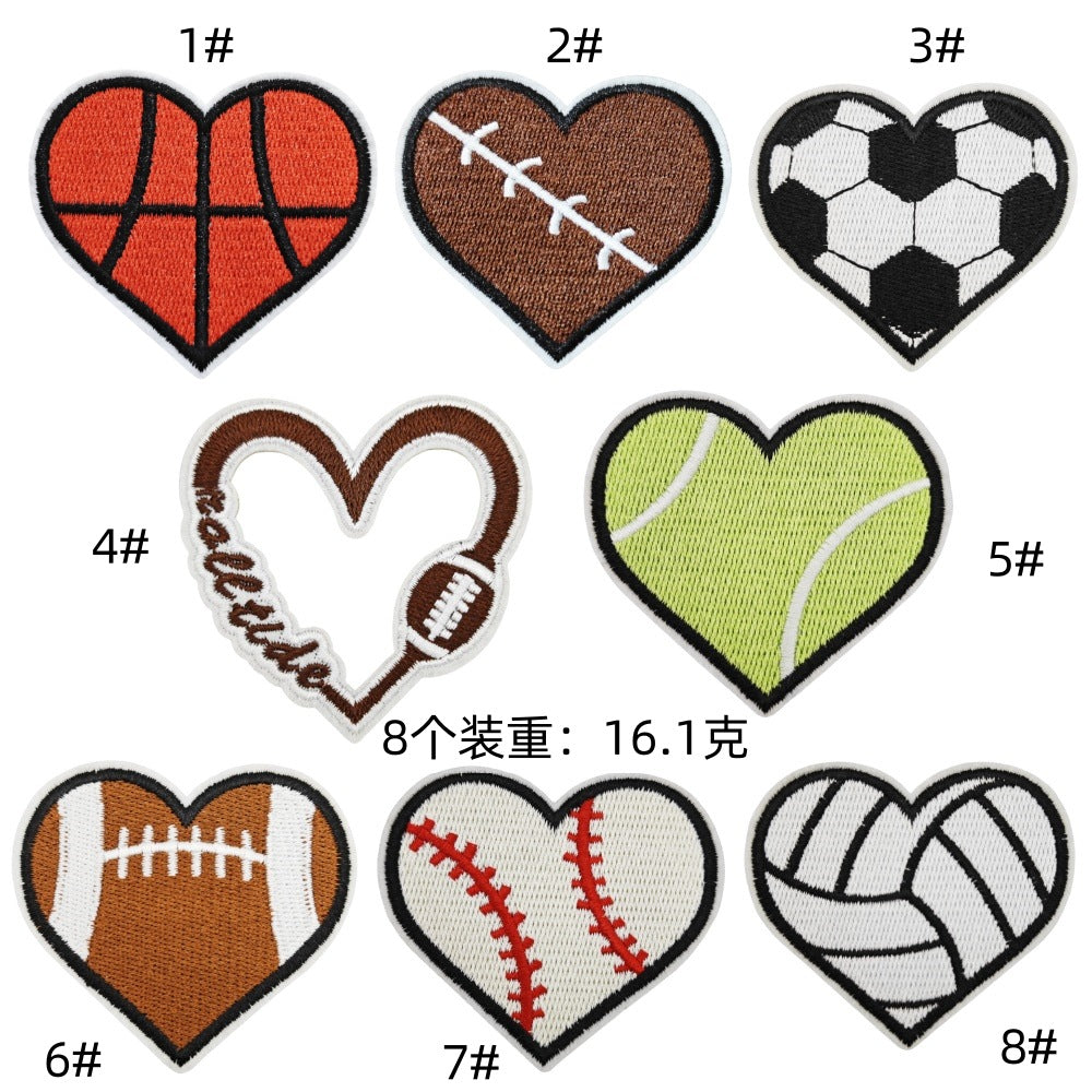 Wholesale Heart Shaped Sports Embroidered Patch Cartoon Soccer Basketball Bowling Design Polyester Thread Hat Decorative Accessory Fashion Craft Supply