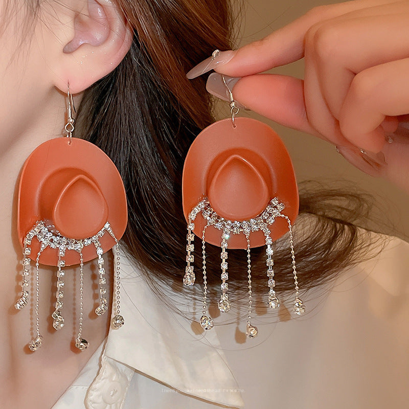 Wholesale Cowboy Hat Teardrop Diamond Tassel Earrings