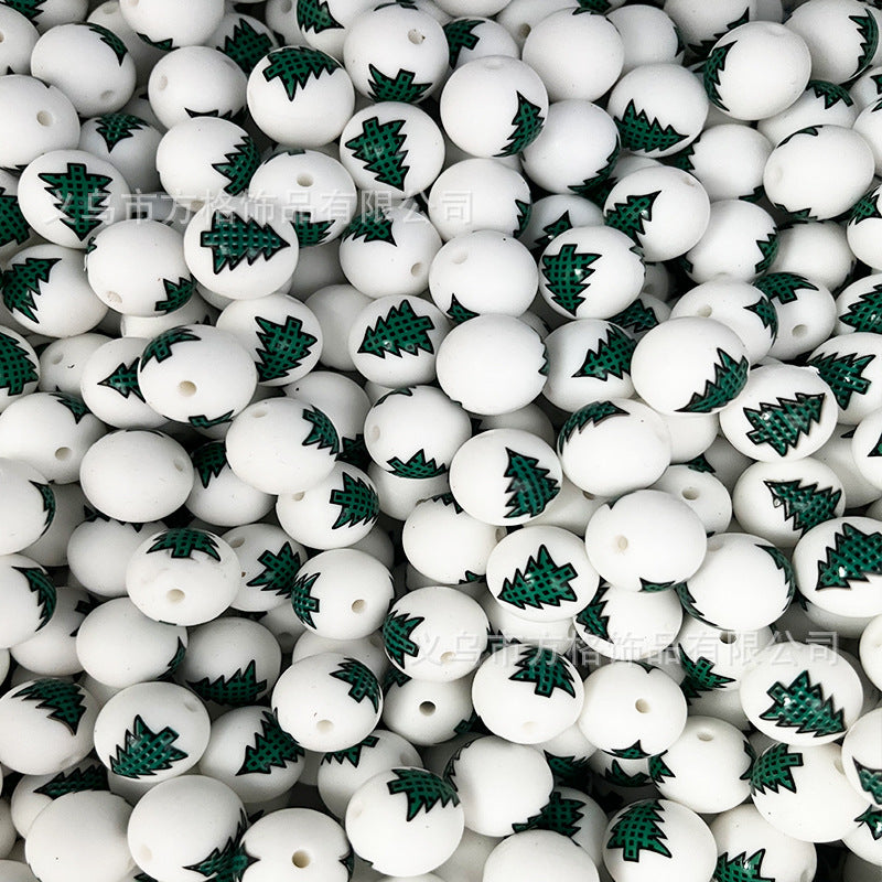 Wholesale 50pcs DIY Christmas Snowman Christmas Tree Printing 15mm Silicone Beads