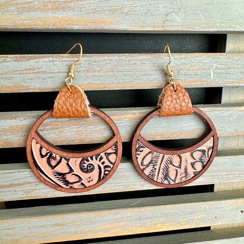 Wholesale Western Leather Circular Geometric Hollow Inlaid with Leopard Print Classic Exaggerated Earrings
