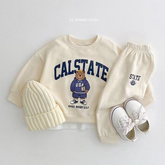 Wholesale Cotton Children's Baby Bear Pullover Sweatshirt and Sweatpants Two-piece Set