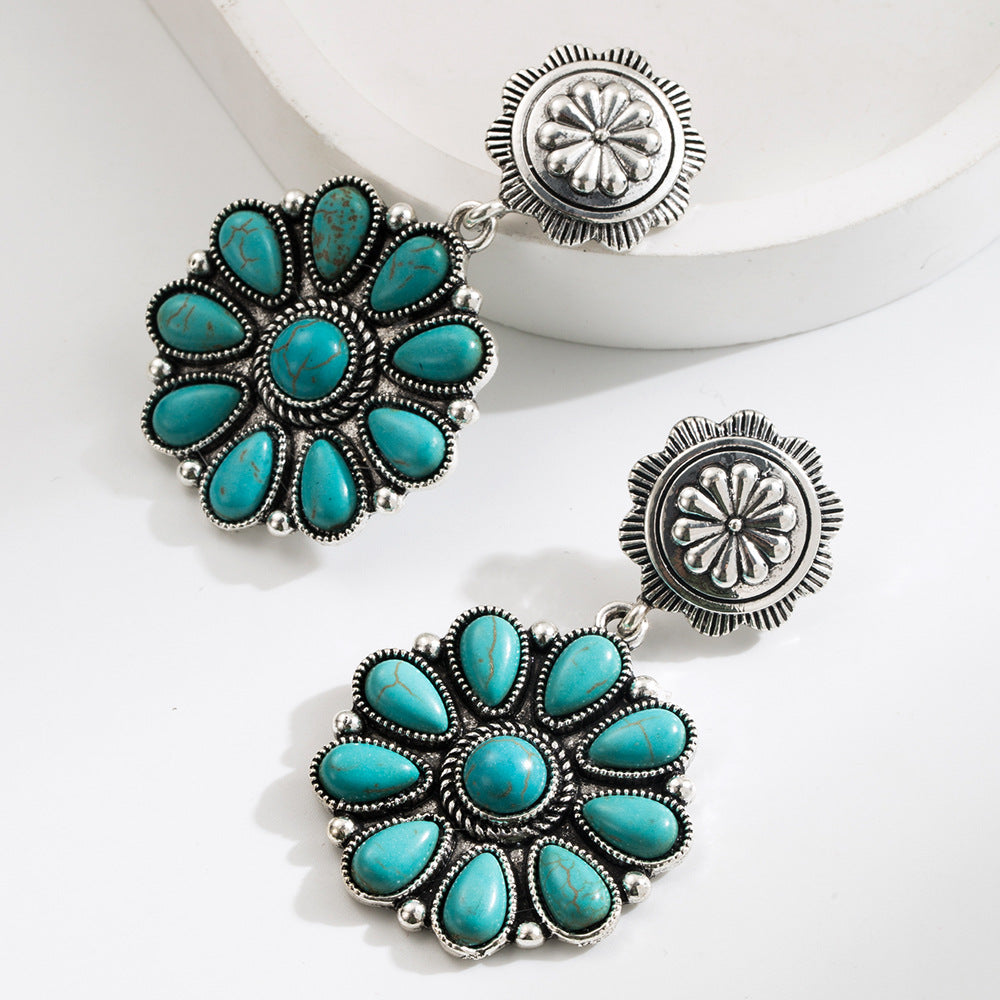 Wholesale Exaggerated Vintage Oval Turquoise Hollow Leopard Leather Earrings