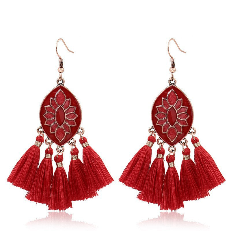 Wholesale Bohemian Red Vintage Tassel Dream Catcher Earrings