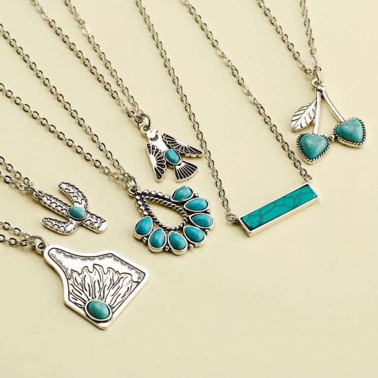 Wholesale 20pcs Turquoise accessories cactus water drop eagle geometric long necklace