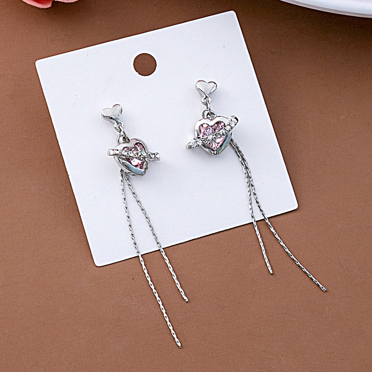 Wholesale Diamond Chain Tassel Heart-shaped Alloy Earrings
