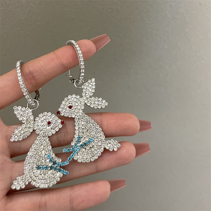 Wholesale Wholesale S925 silver needle flash diamond jade rabbit exaggerated earrings