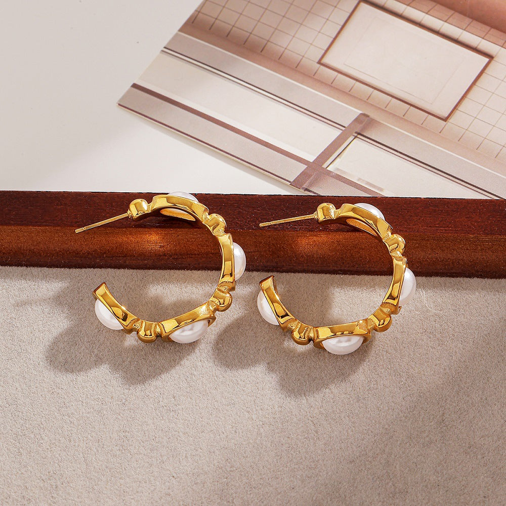 Wholesale Large C-shaped Stainless Steel Earrings with Imitation Pearls