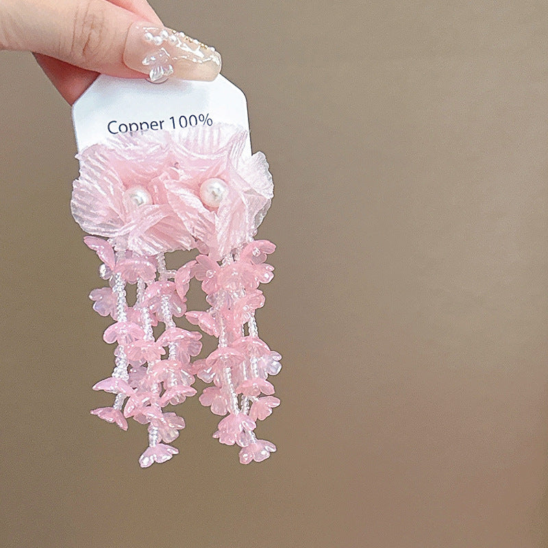 Wholesale Fabric flower super fairy handmade beaded fairy small fresh flower silver needle earrings