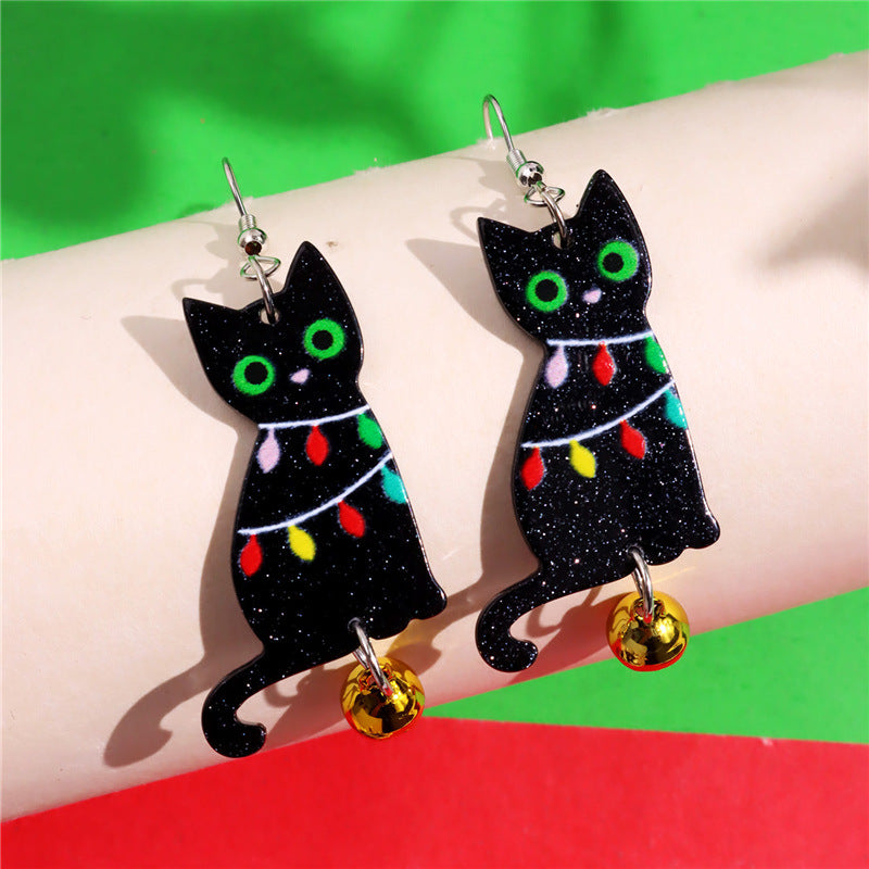 Wholesale Christmas Lantern Black Cat Bell Acrylic Pendant Earrings