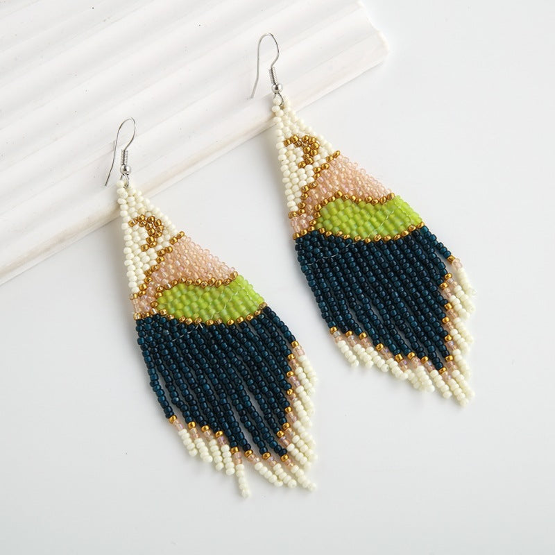 Wholesale Bohemian Handmade Tassels, Moon, Mountain and River Scenery, Rice Bead Earrings