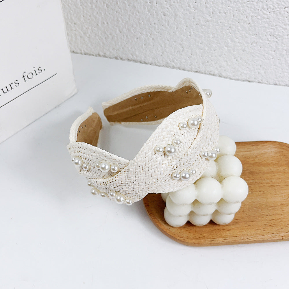 Wholesale 2023 Raffia Braided Pearl Cross Headband