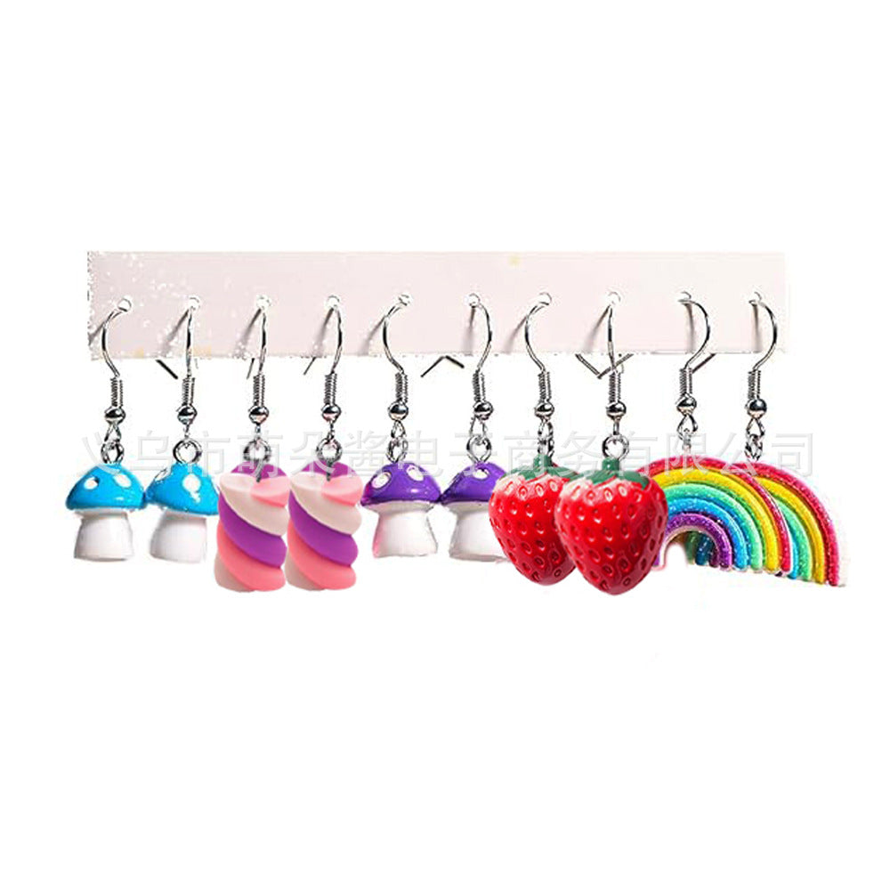 Wholesale 5pcs/pack Hot Sale Sweet Cool Creative Resin  Flowers, Strawberry Mushroom Drink Bottle, Small Cake Earrings Set