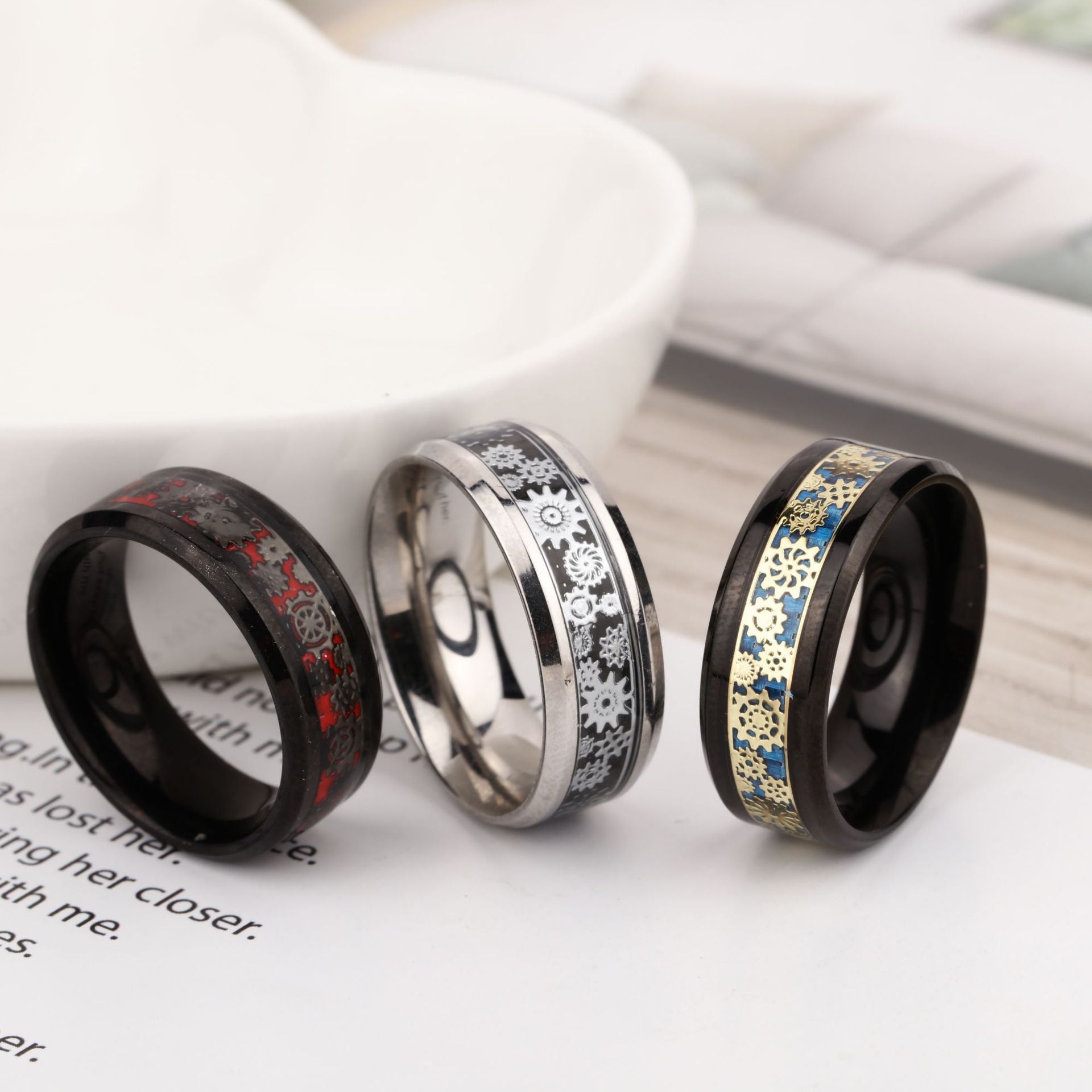 Wholesale Men's Stainless Steel Ring with Carbon Fiber Gear Titanium Steel Ring