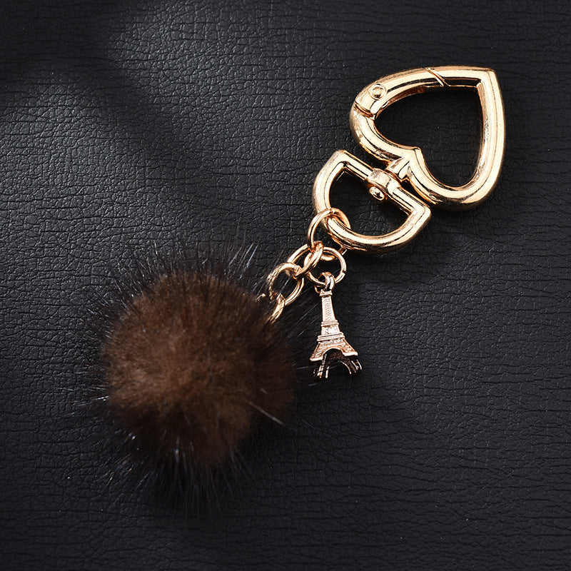 Wholesale mink fur love keychain elegant fur small pendant fur ball alloy love keychain