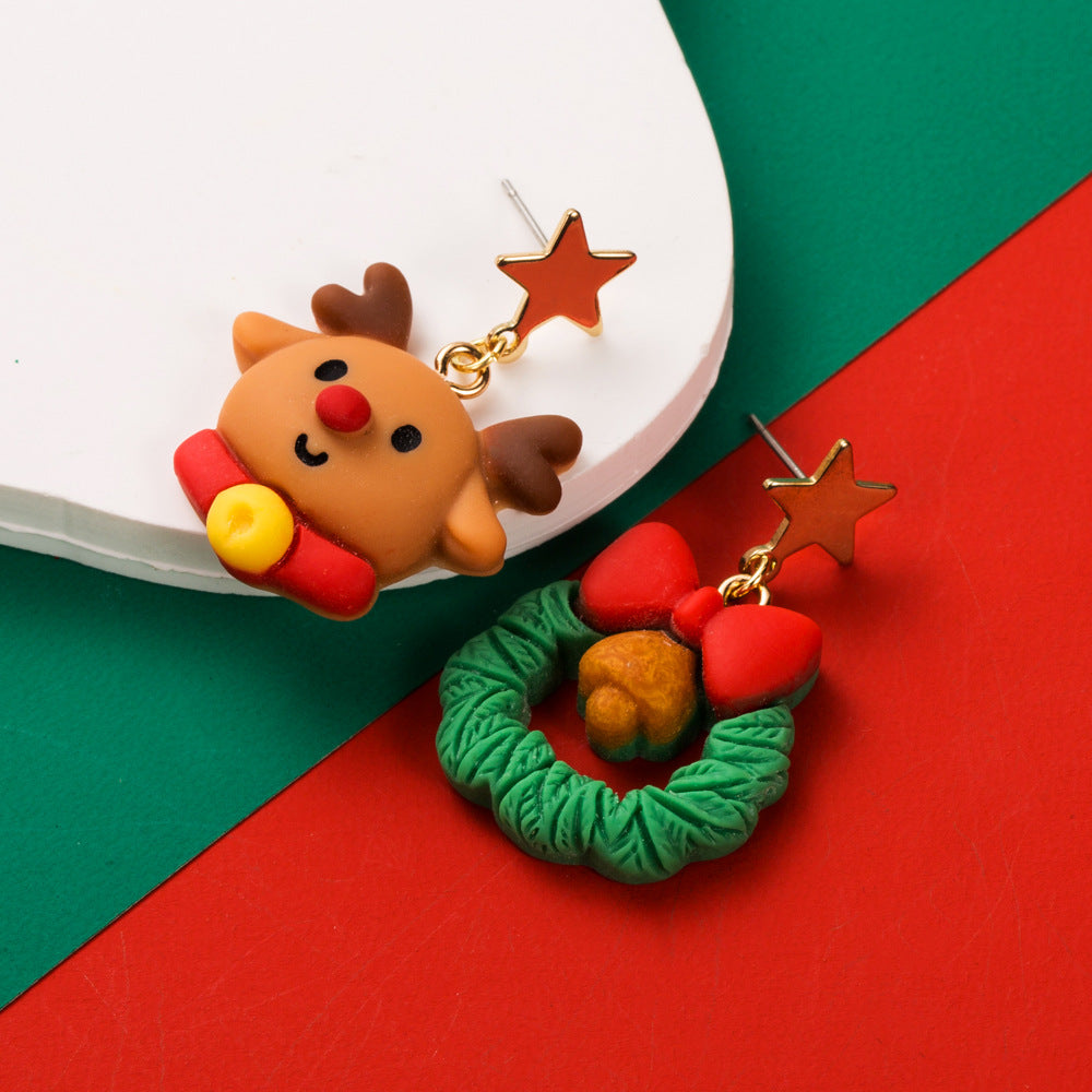 Wholesale Christmas S925 Silver Needle Earrings Asymmetric Elk Christmas Tree Elderly Snowflake Alloy Earrings