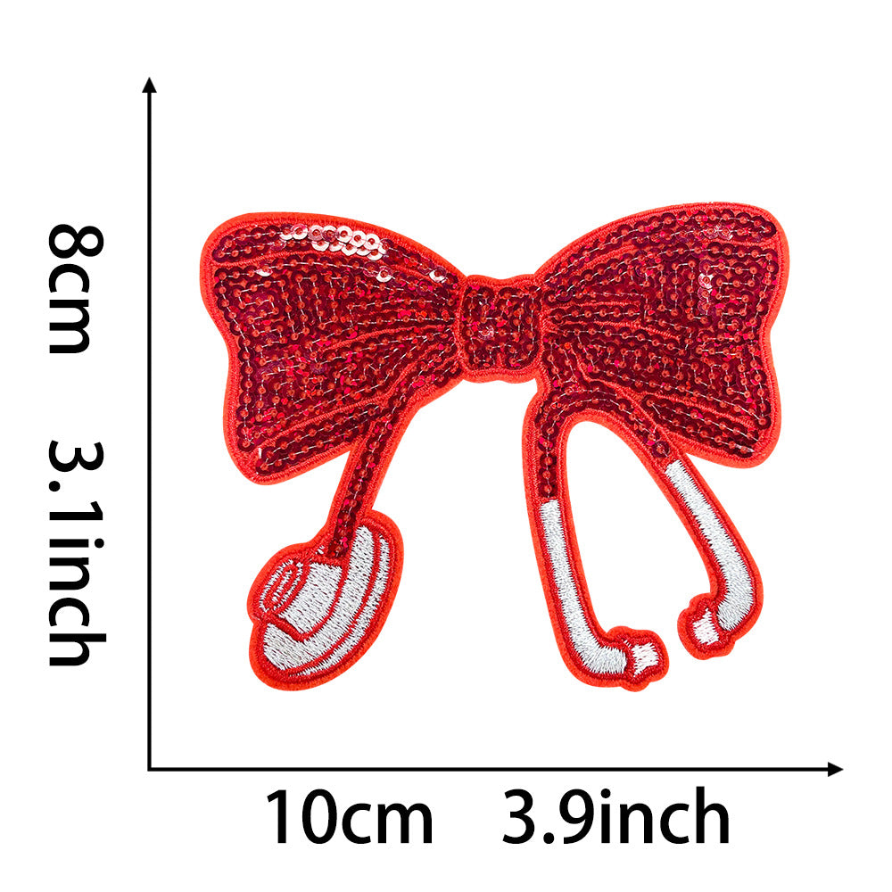 Wholesale Red Embroidered Bow Sequins Patch Nurse Stethoscope Decorative Applique Hot Melt Iron On For Coats Fashion Accessory