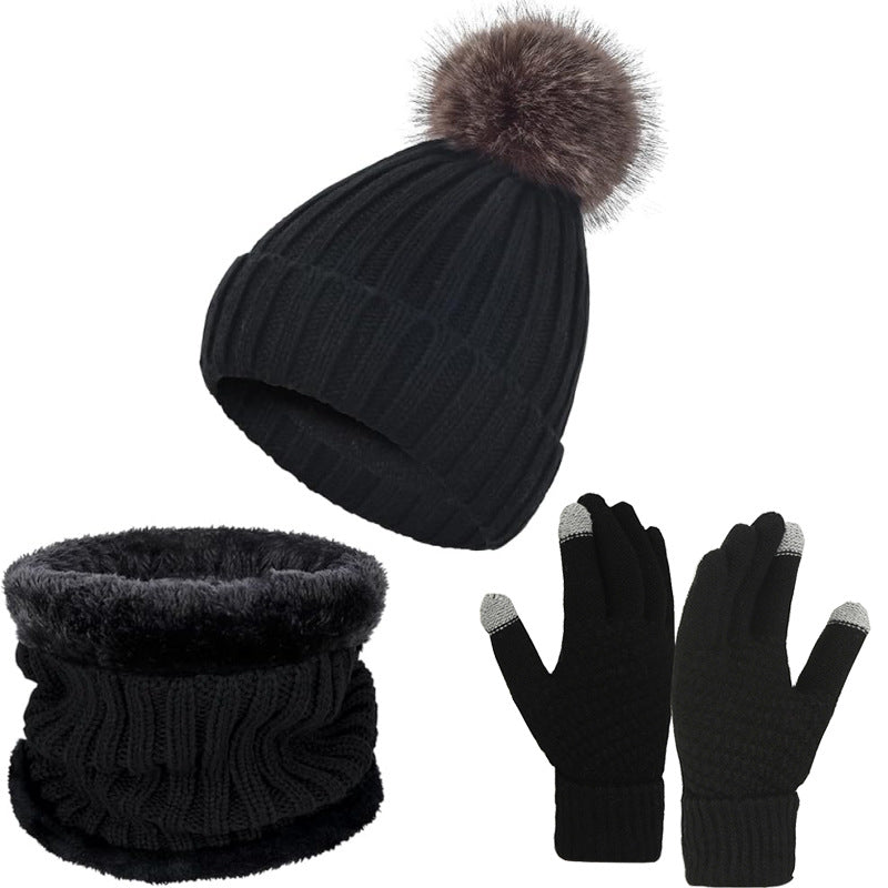 Wholesale Knitted Wool Warm Plus Velvet Thick Winter Scarf Gloves Hat Neck Three-piece Set