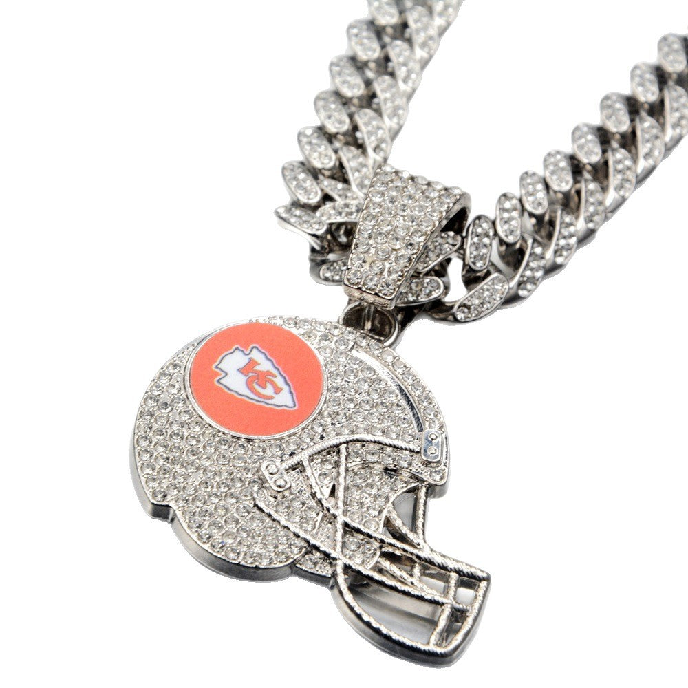 Wholesale Stylish Football Helmet Pendant Necklace Rhinestone Cuban Chain In Gold Zinc Alloy Fashion Jewelry Gift