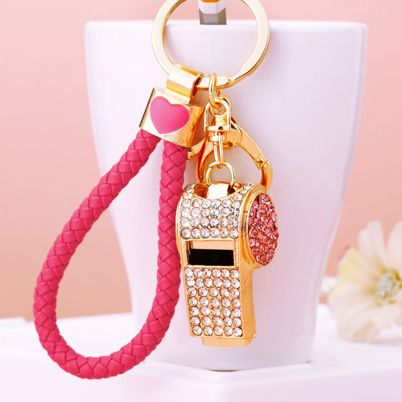 Wholesale Trendy Pink Metal Whistle Keychain With Leather Rope Rhinestone Chic Car Key Accessory Gift For Referee Boutique Resale