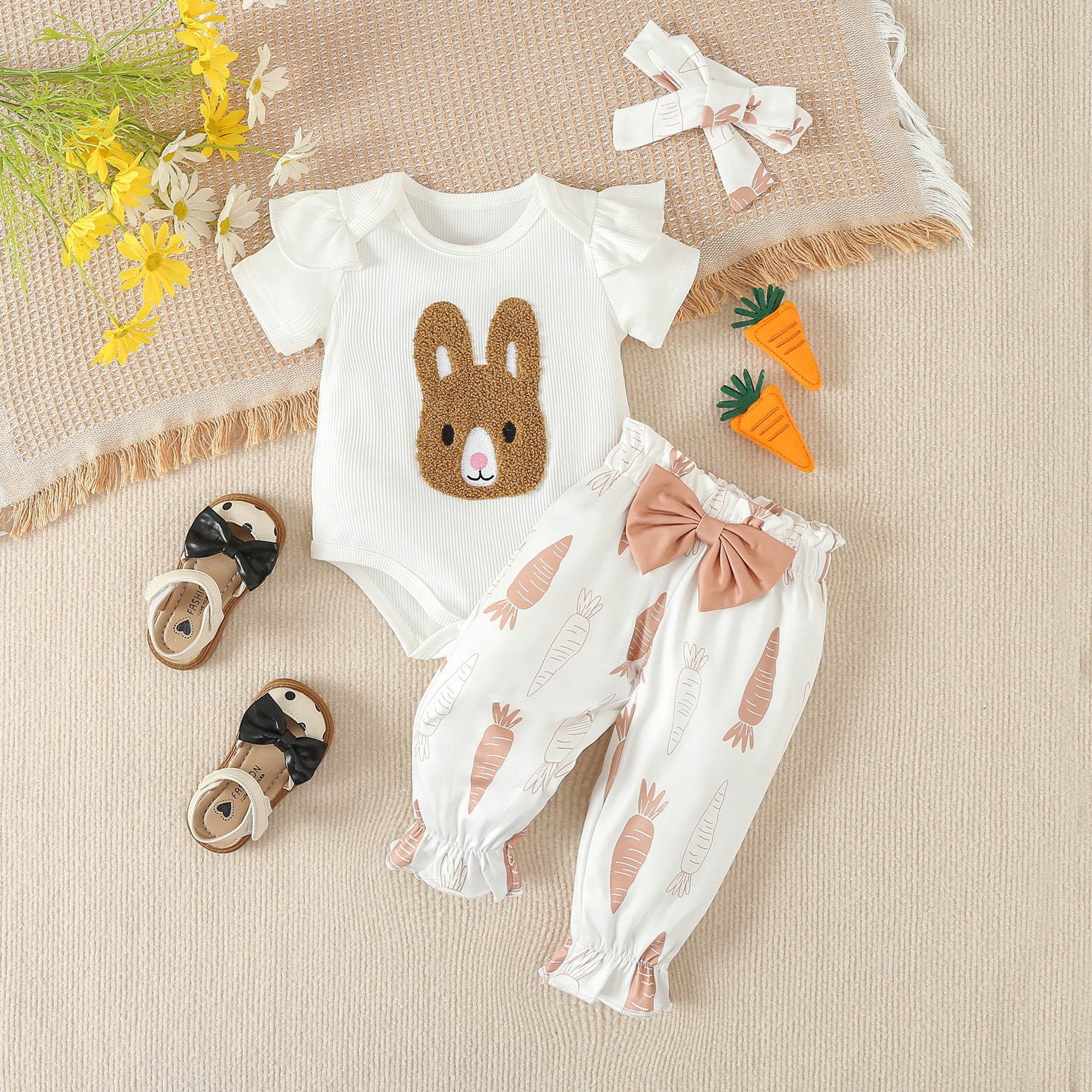 Wholesale Easter Rabbit Embroidered Harper T-shirt Long Pants Baby Cotton Set