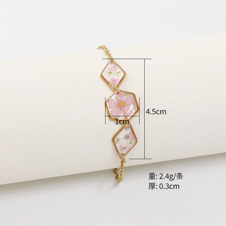 Wholesale 6PCS Gold Plated Dried Flower Transparent Resin Bracelet