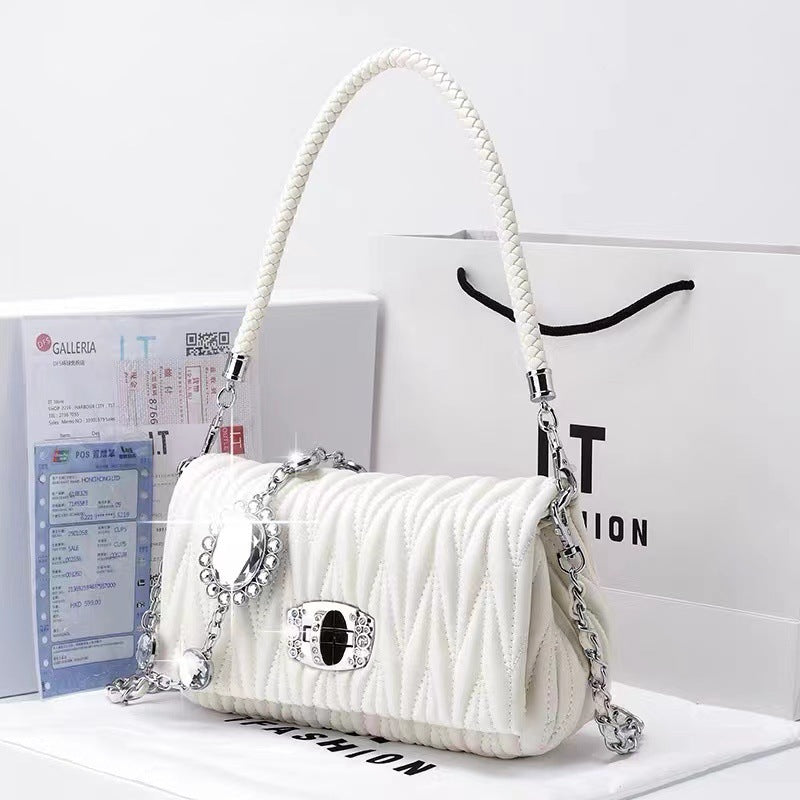 Wholesale Fashionable Versatile Soft Leather Rhinestone Chain Pleated Bag
