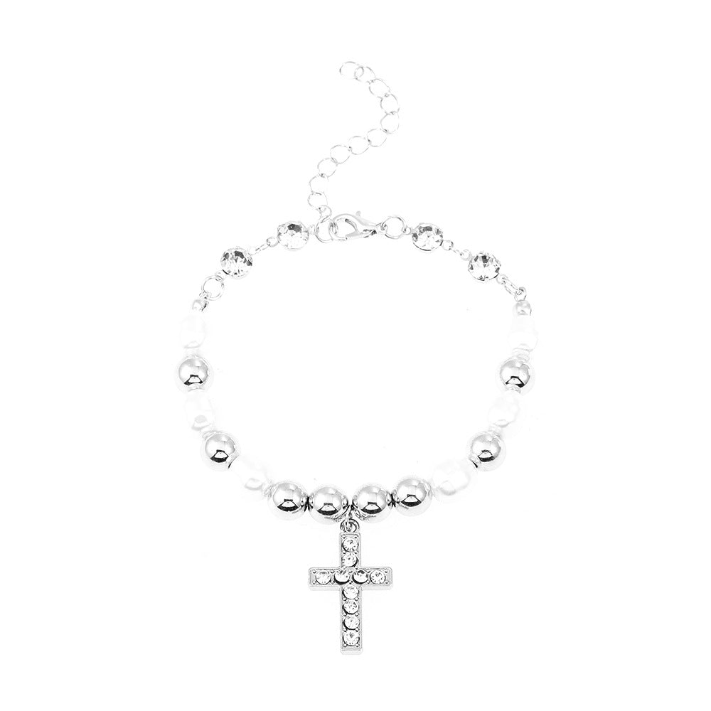 Wholesale Full Diamond Cross Pearl Necklace  Punk Jewelry Accessories