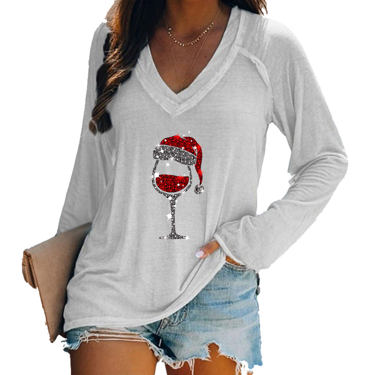 Wholesale Valentine's Day Long Sleeve Women's Long Sleeve Cup Printing Long Sleeve V-neck T-shirt