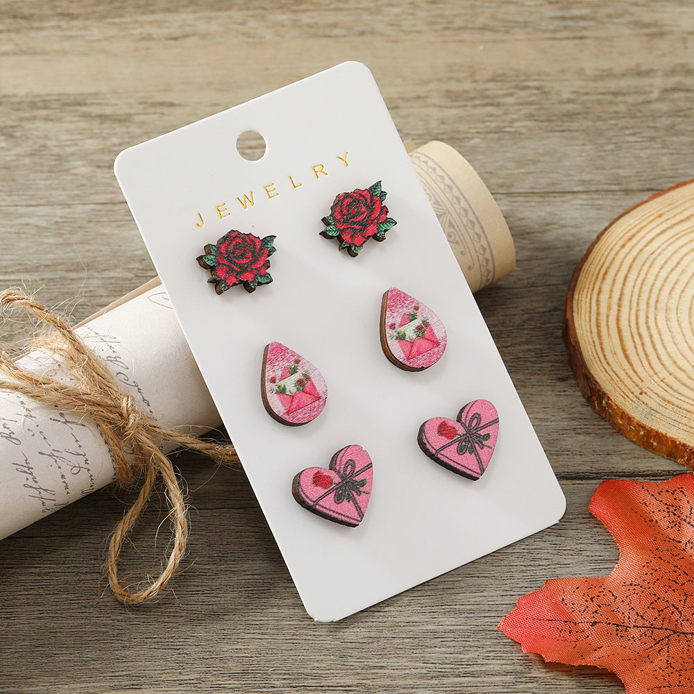 Wholesale Valentine's Day Rose Love Wooden Earpiece Set
