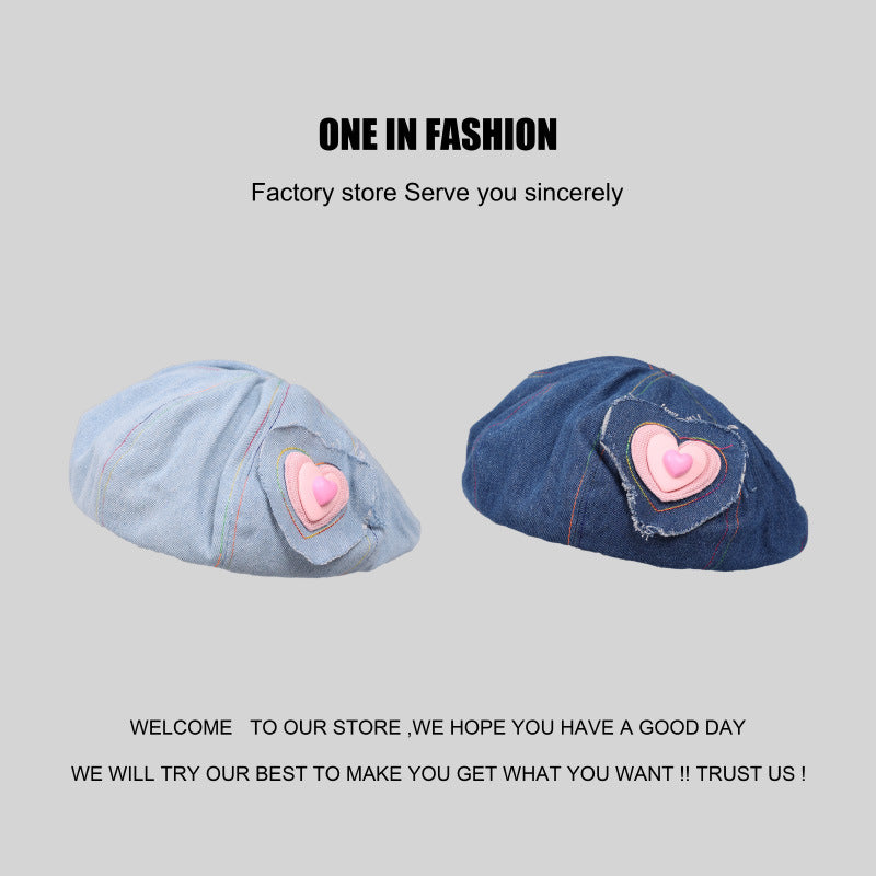 Wholesale Valentine's Day Pink Love Label Denim Beret
