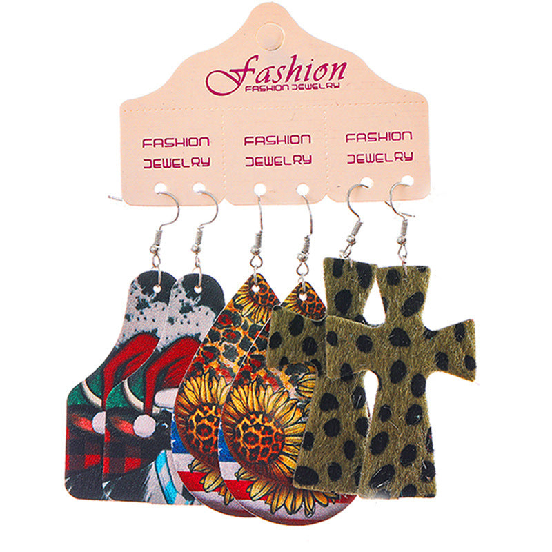 Wholesale 2 Sets Christmas Suit Western Cowboy Snowflake Sunflower PU Leather Earrings