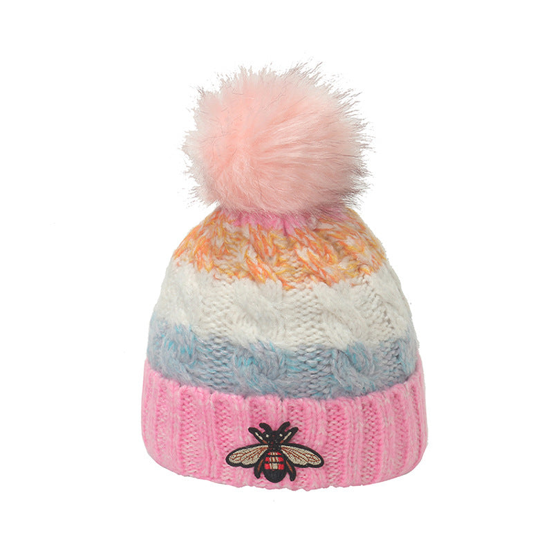Wholesale Autumn and Winter Thickened Warm Striped Bee Knitted Hat for Women