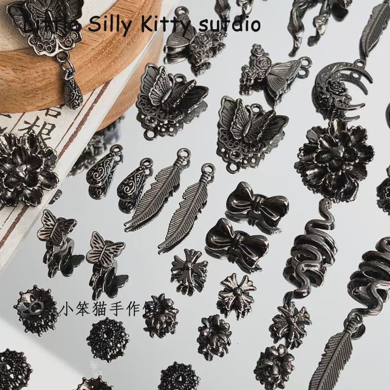 Wholesale Gun Black Peony Butterfly Snake Feather Moon Red Agate Alloy Charms DIY Bracelet Making Fashion Accessory Gift
