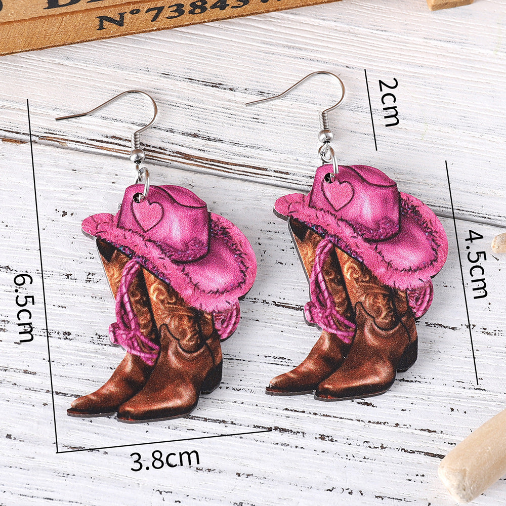 Wholesale Western Style Pink Cowboy Hat Cowboy Boots Pendant Earrings