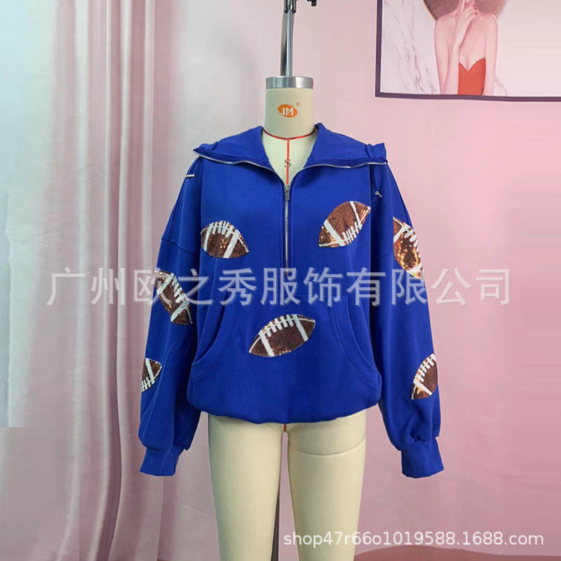 Wholesale Spring and Autumn Rugby Sequin Patchwork Hooded European and American Zipper Drawstring Long Sleeved Women Clothes